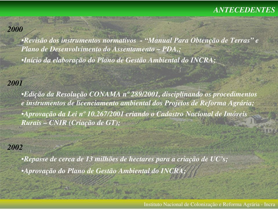 instrumentos de licenciamento ambiental dos Projetos de Reforma Agrária; Aprovação da Lei nº 10.