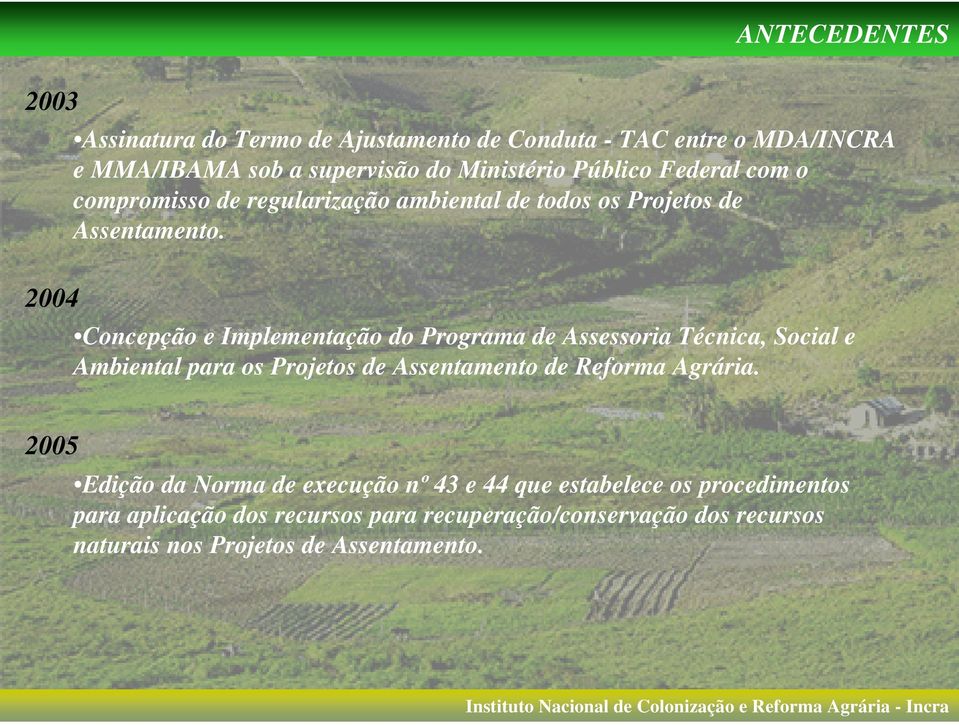 2004 Concepção e Implementação do Programa de Assessoria Técnica, Social e Ambiental para os Projetos de Assentamento de Reforma Agrária.