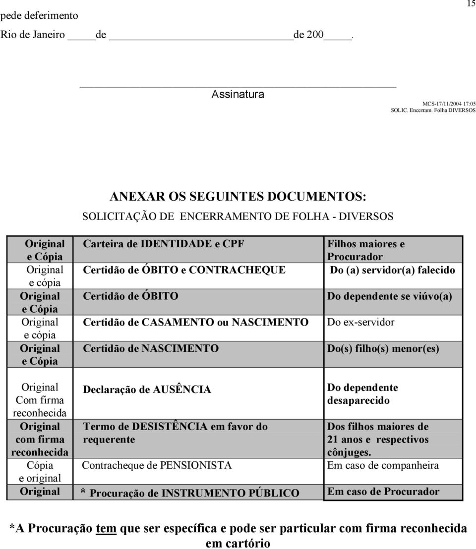 Certidão de ÓBITO Certidão de CASAMENTO ou NASCIMENTO Certidão de NASCIMENTO Filhos maiores e Procurador Do (a) servidor(a) falecido Do dependente se viúvo(a) Do ex-servidor Do(s) filho(s) menor(es)