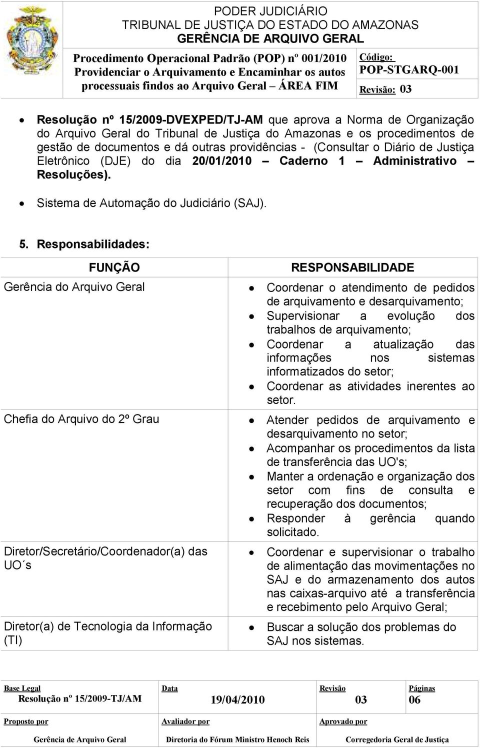 Responsabilidades: FUNÇÃO Gerência do Arquivo Geral Chefia do Arquivo do 2º Grau Diretor/Secretário/Coordenador(a) das UO s Diretor(a) de Tecnologia da Informação (TI) RESPONSABILIDADE Coordenar o