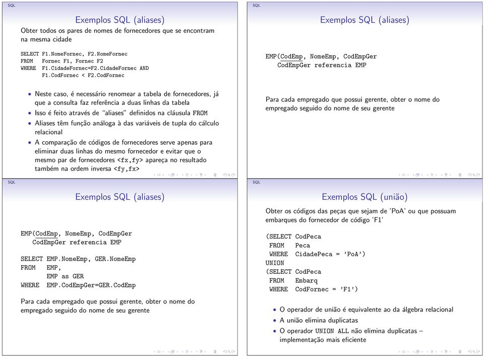 CodFornec Exemplos (aliases) EMP(CodEmp, NomeEmp, CodEmpGer CodEmpGer referencia EMP Neste caso, é necessário renomear a tabela de fornecedores, já que a consulta faz referência a duas linhas da