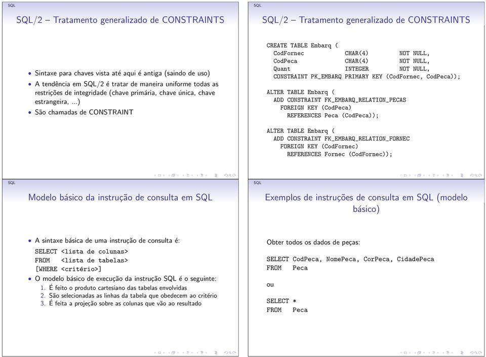 ..) São chamadas de CONSTRAINT CREATE TABLE Embarq ( CodFornec CHAR(4) NOT NULL, CodPeca CHAR(4) NOT NULL, Quant INTEGER NOT NULL, CONSTRAINT PK_EMBARQ PRIMARY KEY (CodFornec, CodPeca)); ALTER TABLE