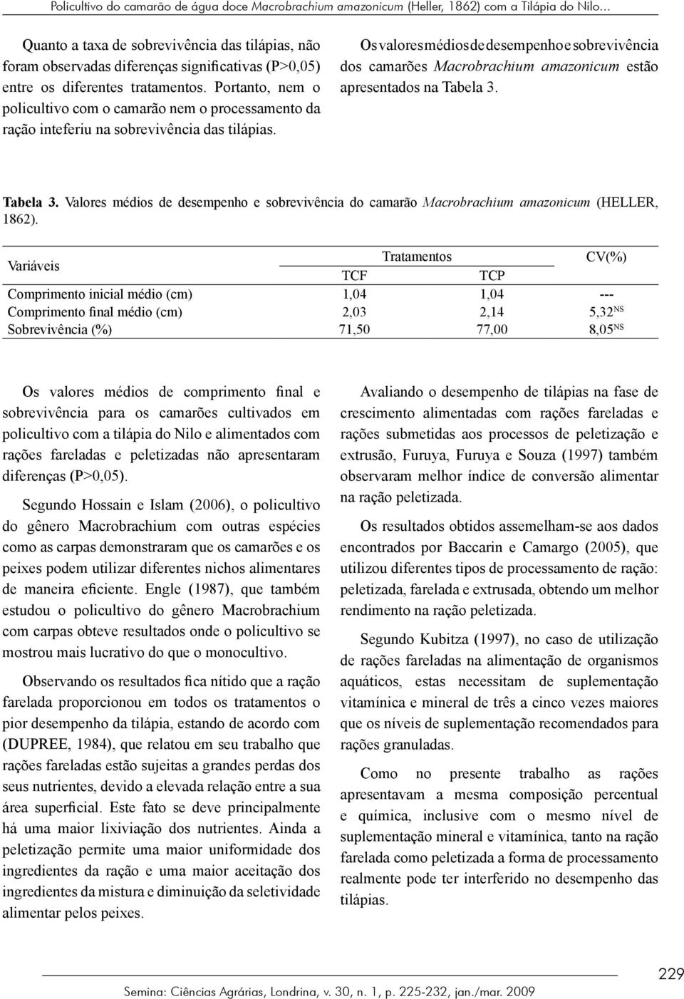 Portanto, nem o policultivo com o camarão nem o processamento da ração inteferiu na sobrevivência das tilápias.