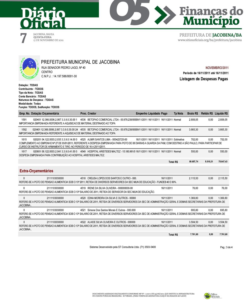 238/000 09/11/2011 16/11/2011 16/11/2011 Normal 2.808,05 IMPORTANCIA EMPENHADA REFERENTE A AQUISICAO DE MATERIAL DESTINADO AO TOPA 1592 020401 12.366.0006.2.067 3.3.9.0.30.