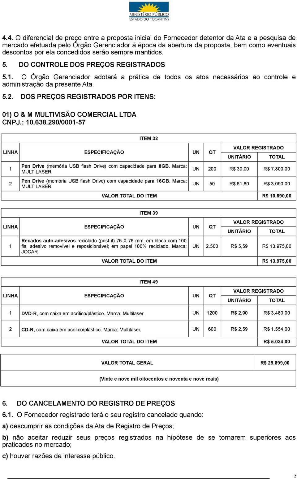 . O Órgão Gerenciador adotará a prática de todos os atos necessários ao controle e administração da presente Ata. 5.2. DOS PREÇOS REGISTRADOS POR ITENS: 0) O & M MULTIVISÃO COMERCIAL LTDA CNPJ.: 0.638.