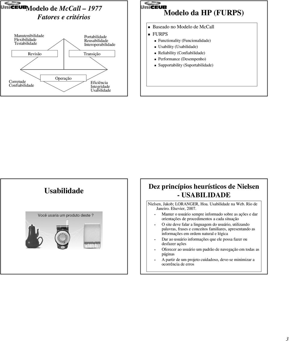 Integridade Usabilidade Usabilidade Dez princípios heurísticos de Nielsen - USABILIDADE Nielsen, Jakob; LORANGER, Hoa. Usabilidade na Web. Rio de Janeiro. Elsevier, 2007.