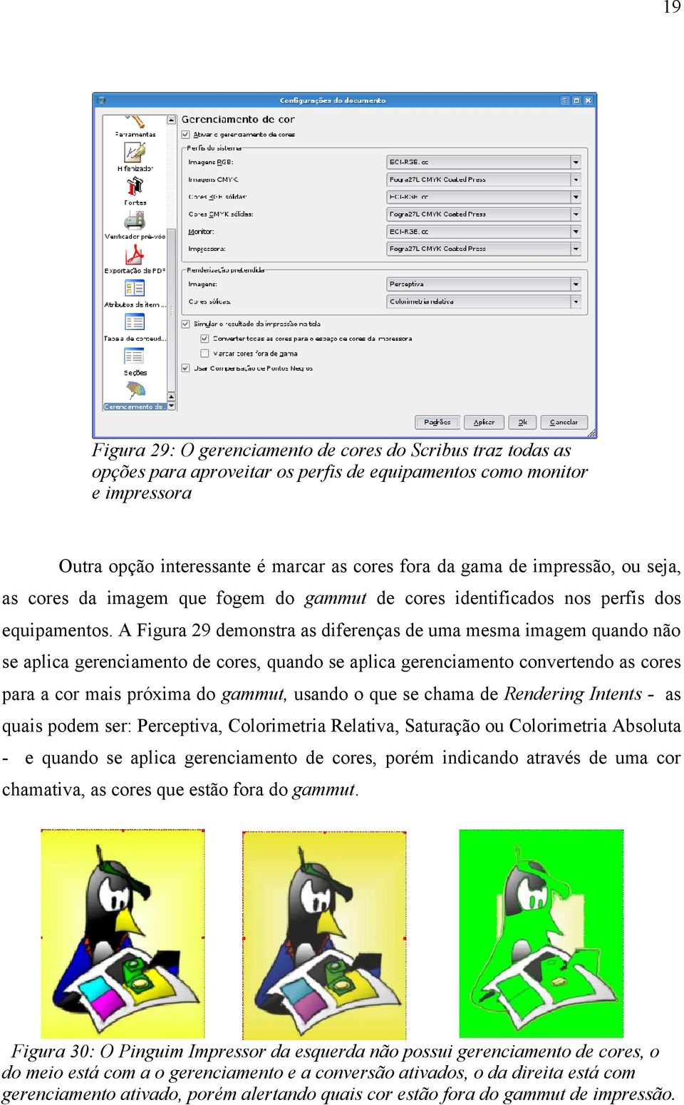 A Figura 29 demonstra as diferenças de uma mesma imagem quando não se aplica gerenciamento de cores, quando se aplica gerenciamento convertendo as cores para a cor mais próxima do gammut, usando o