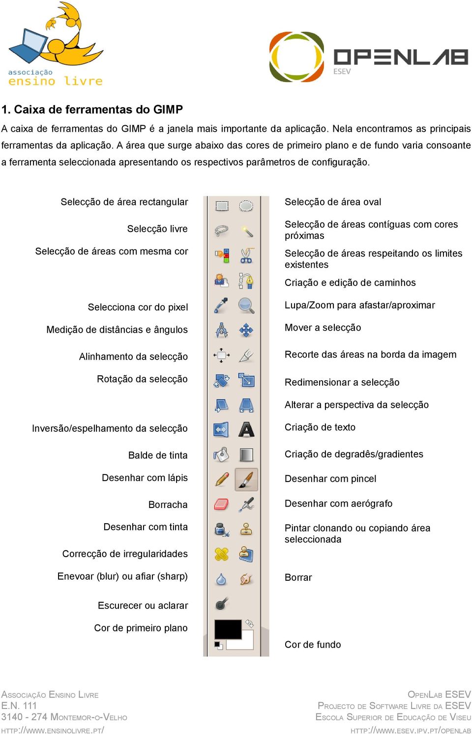 Selecção de área rectangular Selecção livre Selecção de áreas com mesma cor Selecção de área oval Selecção de áreas contíguas com cores próximas Selecção de áreas respeitando os limites existentes