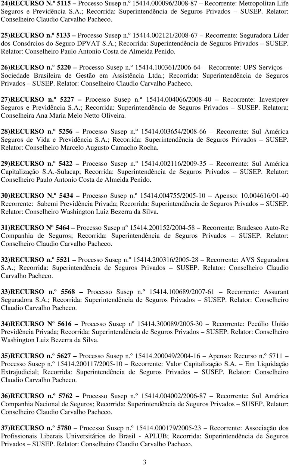 Relator: Conselheiro Paulo Antonio Costa de Almeida Penido. 26)RECURSO n.º 5220 Processo Susep n.º 15414.100361/2006-64 Recorrente: UPS Serviços Sociedade Brasileira de Gestão em Assistência Ltda.