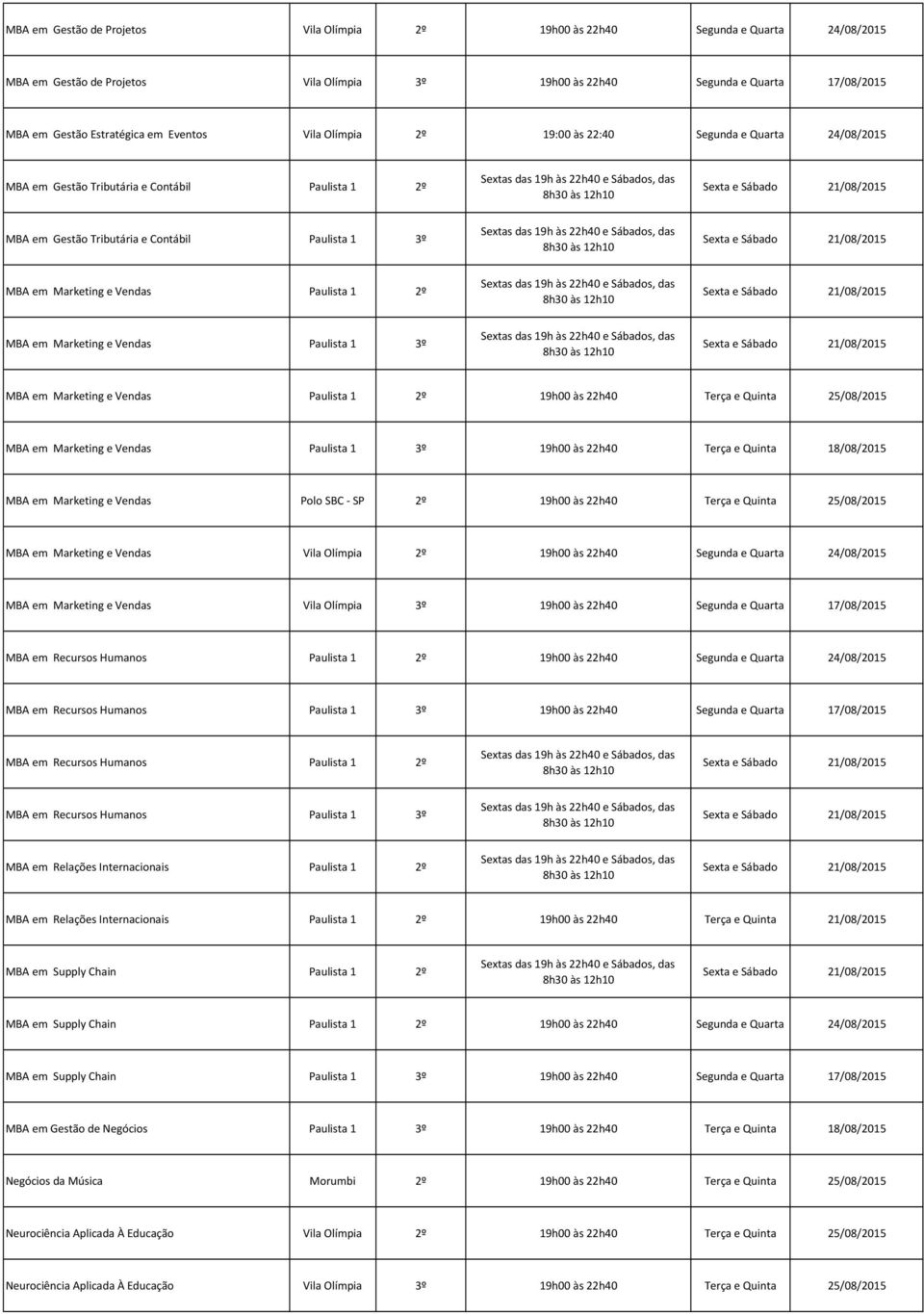 Paulista 1 2º MBA em Marketing e Vendas Paulista 1 3º MBA em Marketing e Vendas Paulista 1 2º 19h00 às 22h40 Terça e Quinta 25/08/2015 MBA em Marketing e Vendas Paulista 1 3º 19h00 às 22h40 Terça e