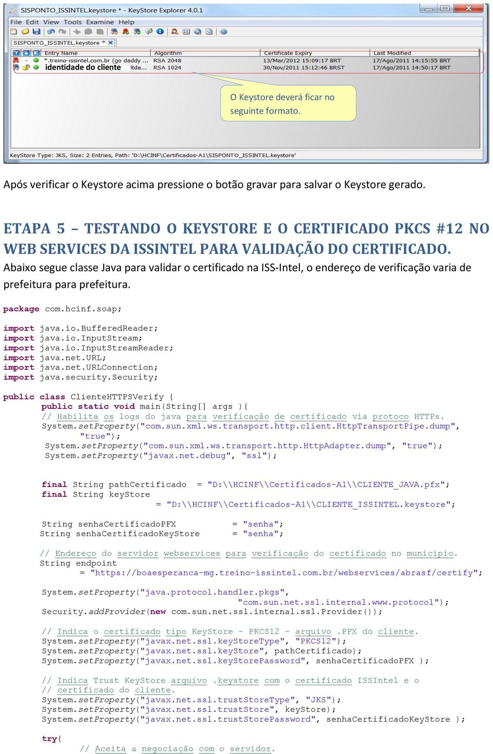 Abaixo segue classe Java para validar o certificado na ISS-Intel, o endereço de verificação varia de prefeitura para prefeitura. package com.hcinf.soap; import java.io.bufferedreader; import java.io.inputstream; import java.