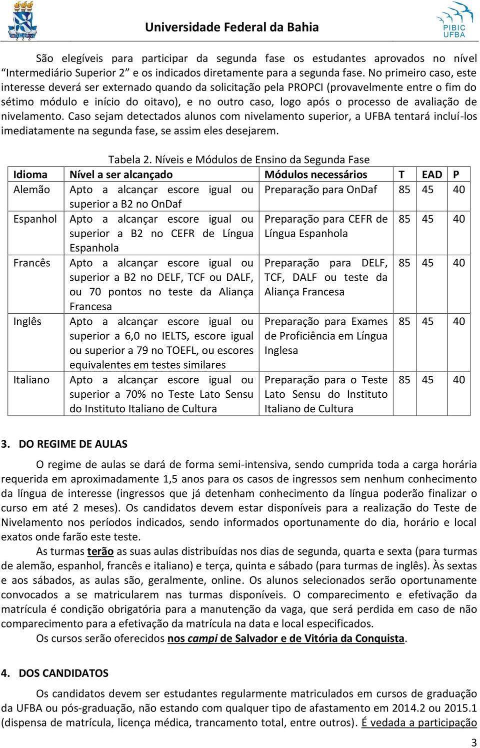 avaliação de nivelamento. Caso sejam detectados alunos com nivelamento superior, a tentará incluí-los imediatamente na segunda fase, se assim eles desejarem. Tabela 2.