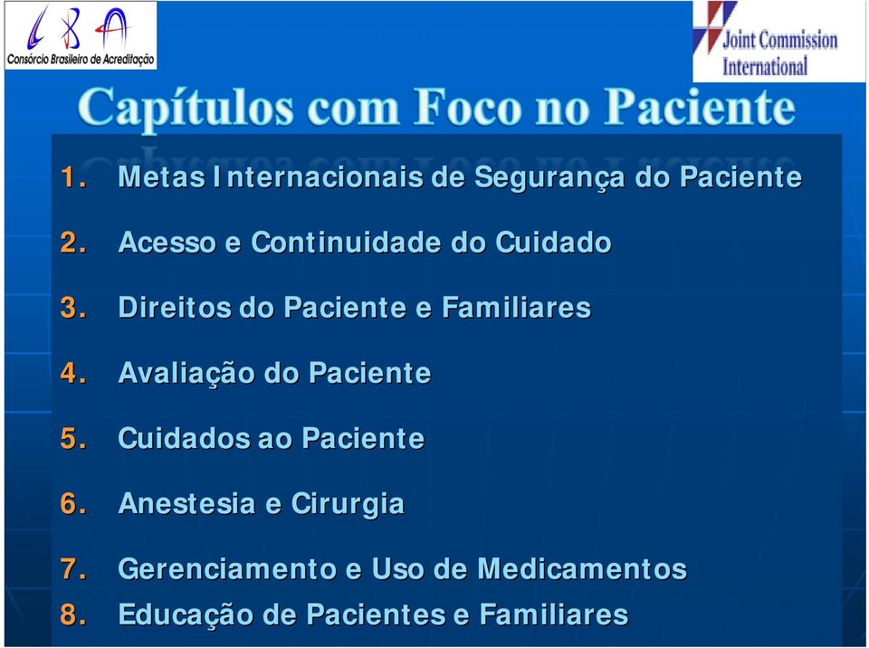 Direitos do Paciente e Familiares 4. Avaliação do Paciente 5.