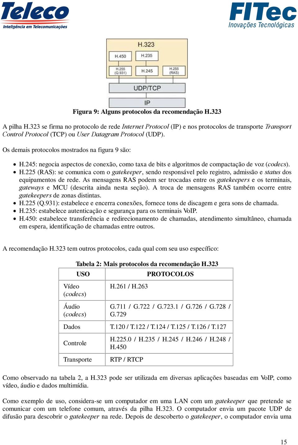 Os demais protocolos mostrados na figura 9 são: H.245: negocia aspectos de conexão, como taxa de bits e algoritmos de compactação de voz (codecs). H.225 (RAS): se comunica com o gatekeeper, sendo responsável pelo registro, admissão e status dos equipamentos de rede.