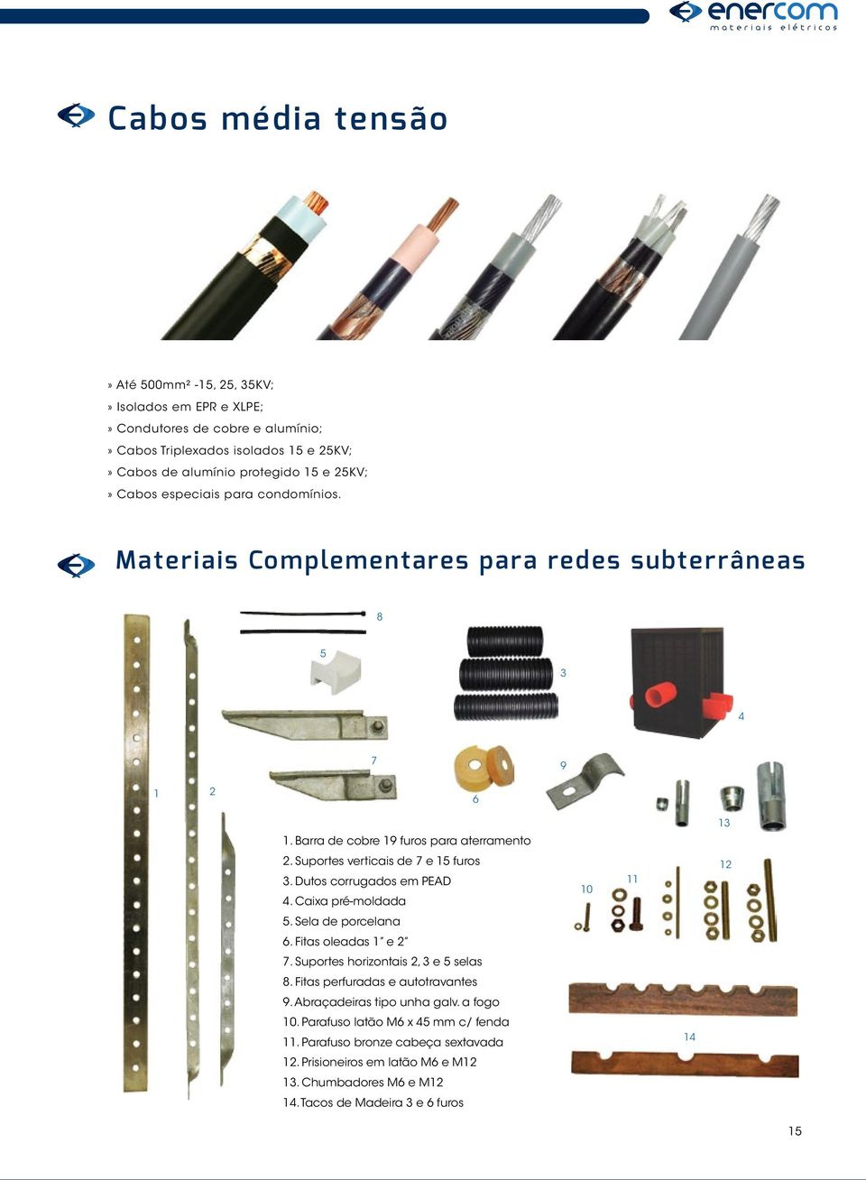 Dutos corrugados em PEAD 4. Caixa pré-moldada 10 11 12 5. Sela de porcelana 6. Fitas oleadas 1 e 2 7. Suportes horizontais 2, 3 e 5 selas 8. Fitas perfuradas e autotravantes 9.