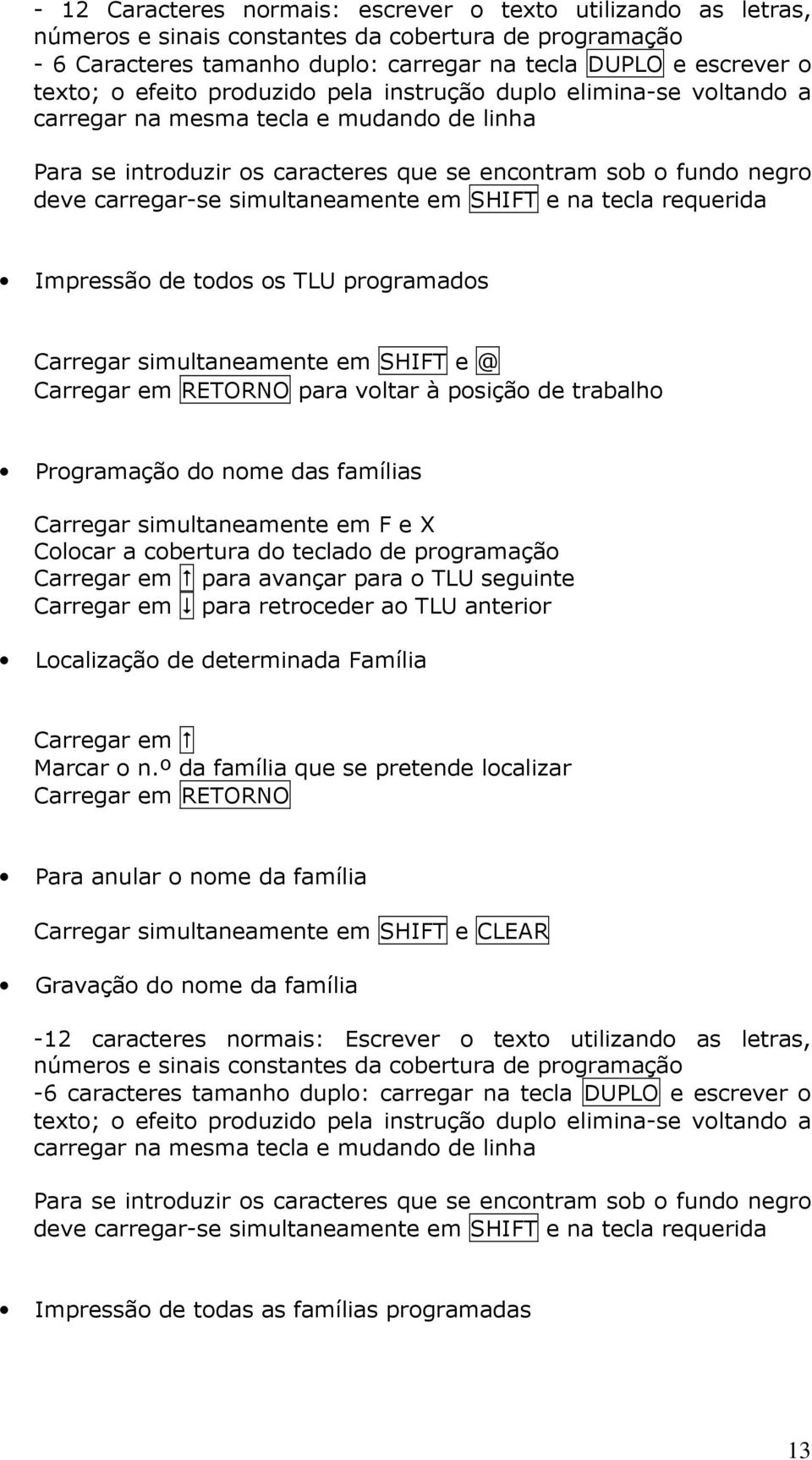 simultaneamente em SHIFT e na tecla requerida Impressão de todos os TLU programados Carregar simultaneamente em SHIFT e @ Carregar em RETORNO para voltar à posição de trabalho Programação do nome das