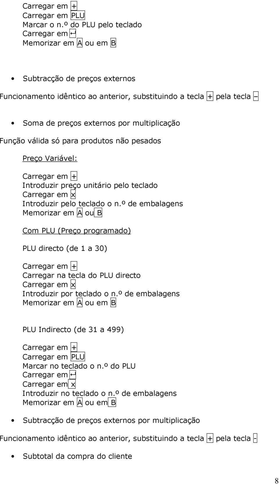 válida só para produtos não pesados Preço Variável: Introduzir preço unitário pelo teclado Carregar em x Introduzir pelo teclado o n.