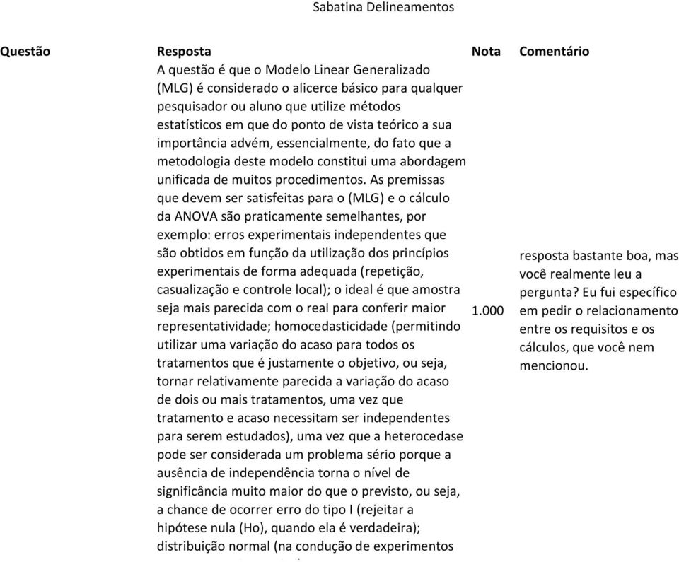 As premissas que devem ser satisfeitas para o (MLG) e o cálculo da ANOVA são praticamente semelhantes, por exemplo: erros experimentais independentes que são obtidos em função da utilização dos