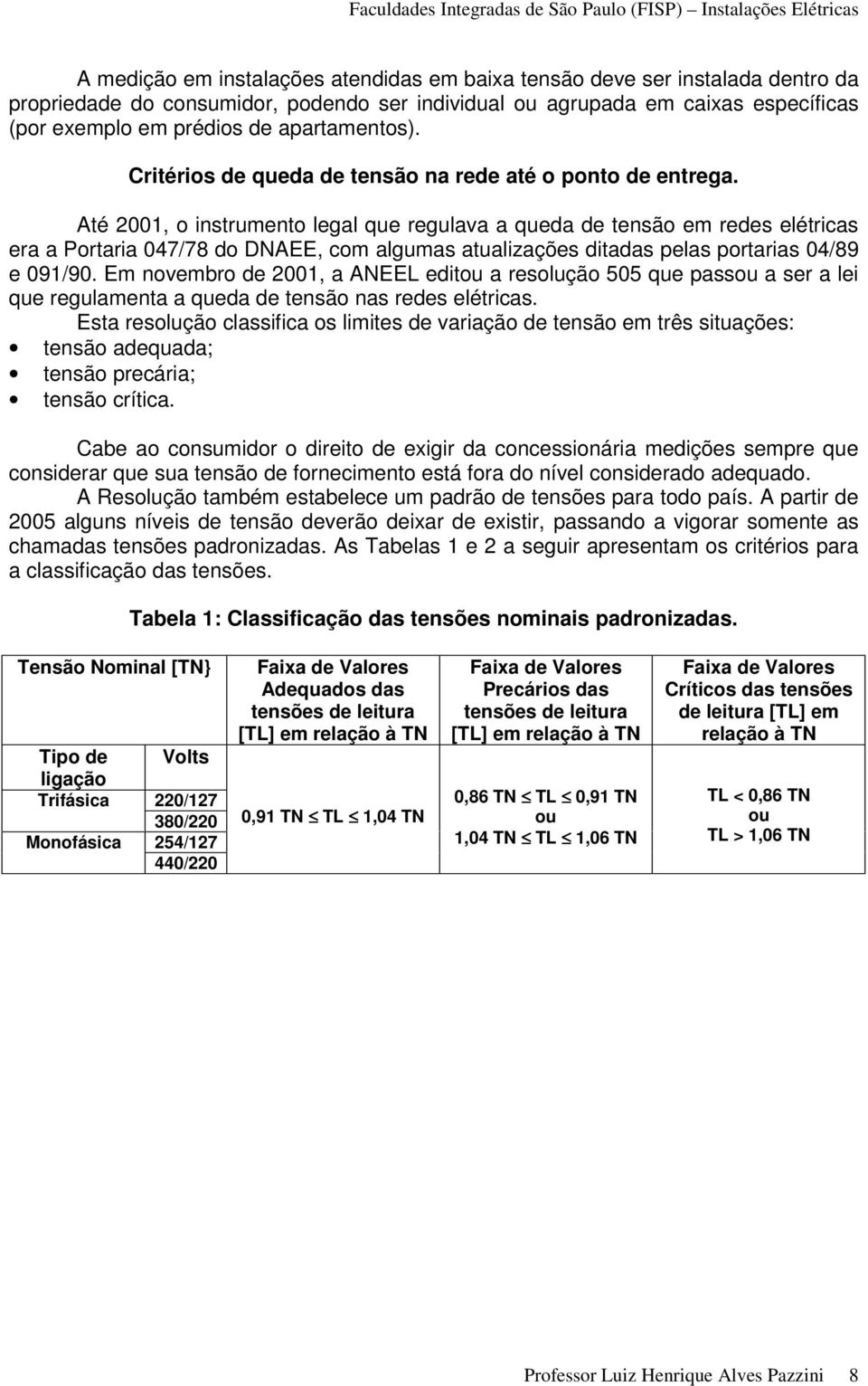 Até 2001, o instrumento legal que regulava a queda de tensão em redes elétricas era a Portaria 047/78 do DNAEE, com algumas atualizações ditadas pelas portarias 04/89 e 091/90.