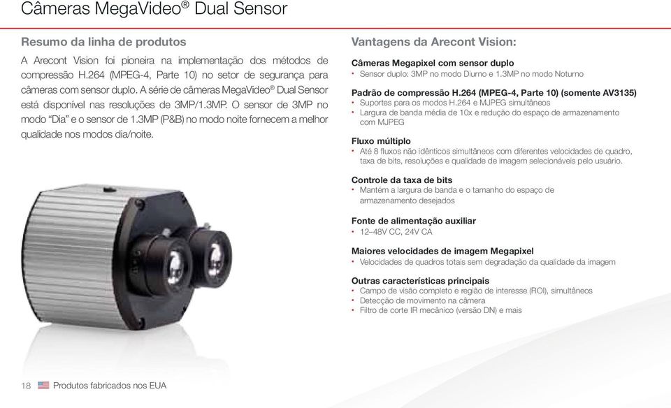3MP (P&B) no modo noite fornecem a melhor qualidade nos modos dia/noite. Vantagens da Arecont Vision: Câmeras Megapixel com sensor duplo Sensor duplo: 3MP no modo Diurno e 1.