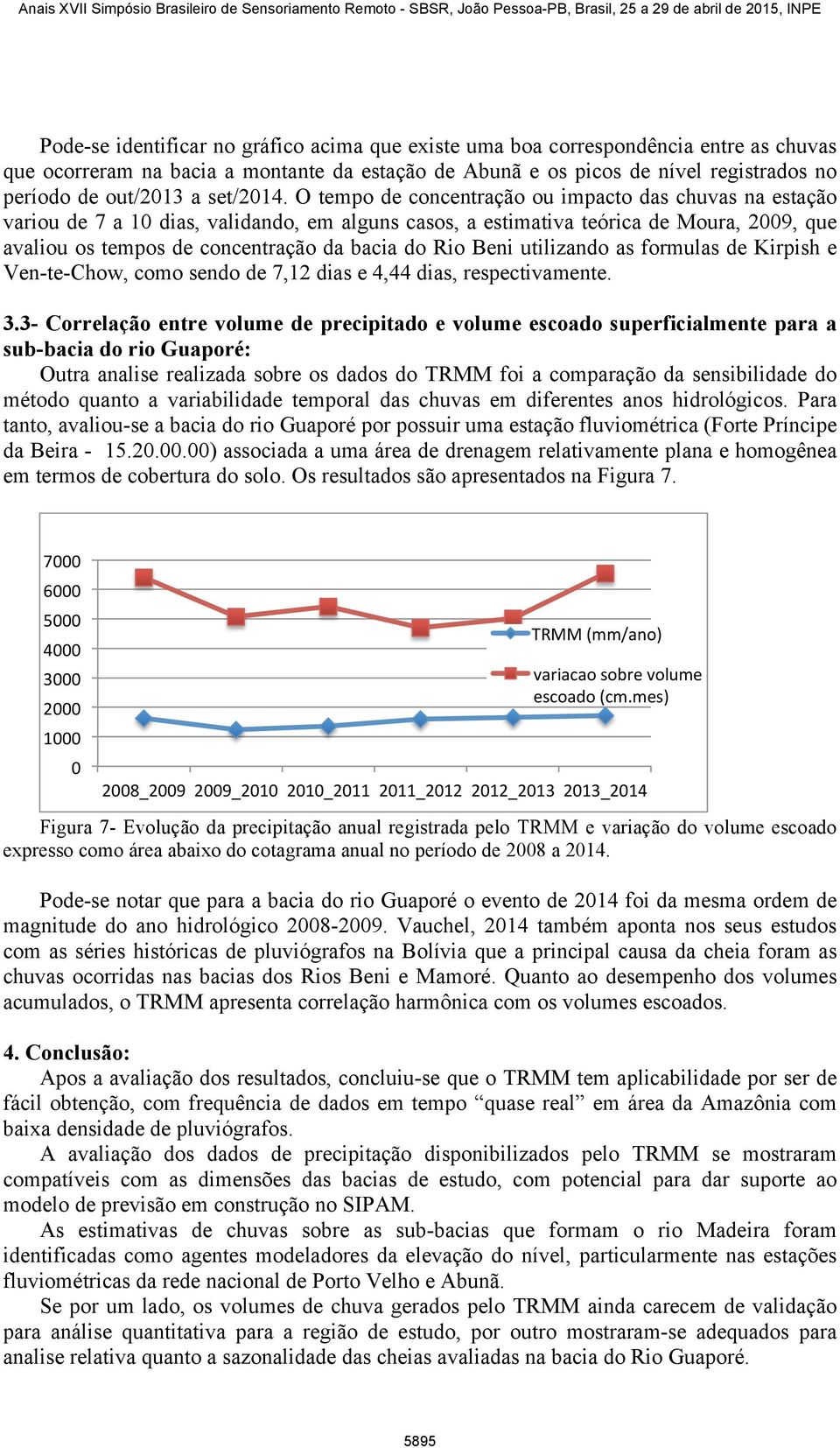 O tempo de concentração ou impacto das chuvas na estação variou de 7 a 10 dias, validando, em alguns casos, a estimativa teórica de Moura, 2009, que avaliou os tempos de concentração da bacia do Rio