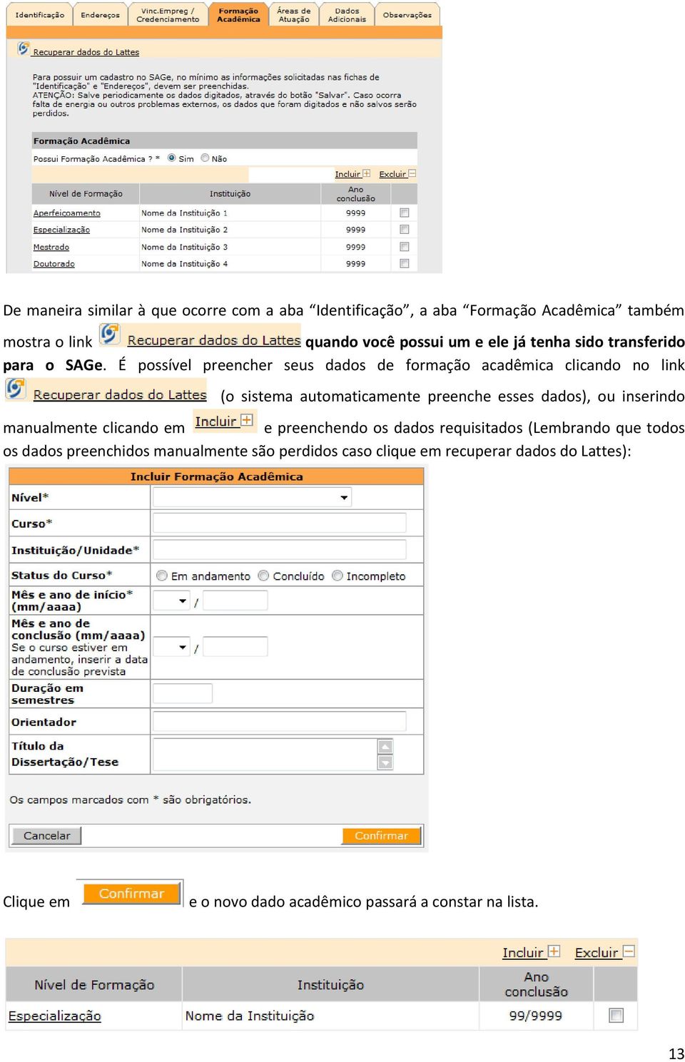 É possível preencher seus dados de formação acadêmica clicando no link (o sistema automaticamente preenche esses dados), ou inserindo