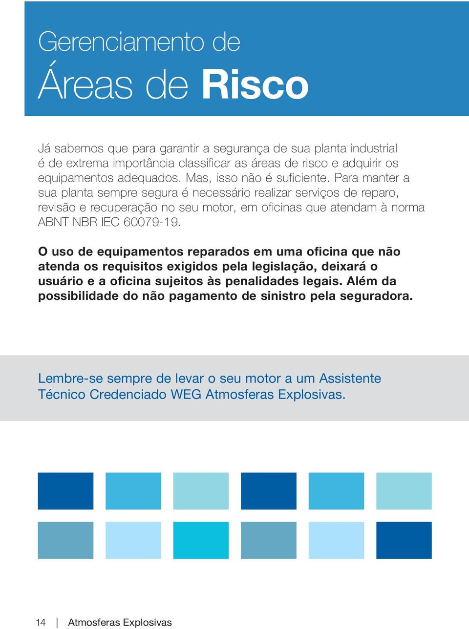 Para manter a sua planta sempre segura é necessário realizar serviços de reparo, revisão e recuperação no seu motor, em oficinas que atendam à norma ABNT NBR IEC 60079-19.