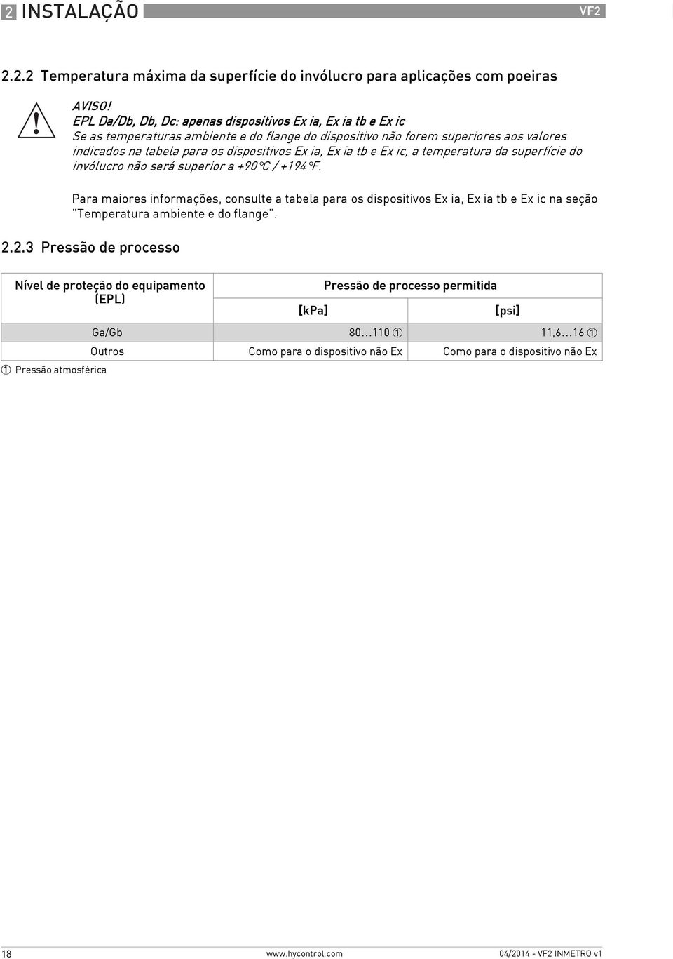 dispositivos Ex ia, Ex ia tb e Ex ic, a temperatura da superfície do invólucro não será superior a +90 C / +194 F.