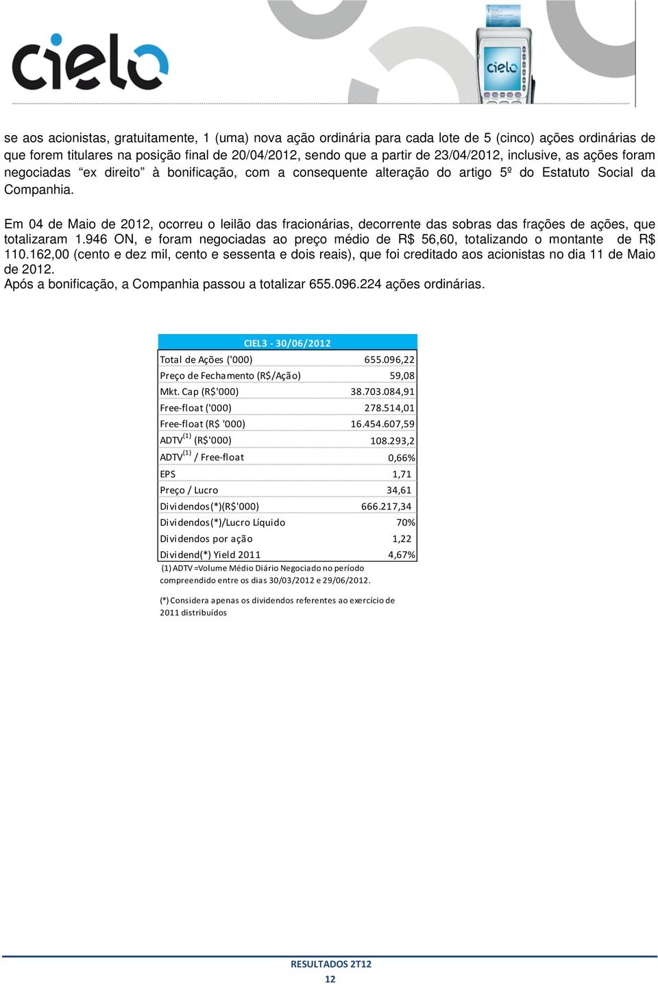 Em 04 de Maio de 2012, ocorreu o leilão das fracionárias, decorrente das sobras das frações de ações, que totalizaram 1.