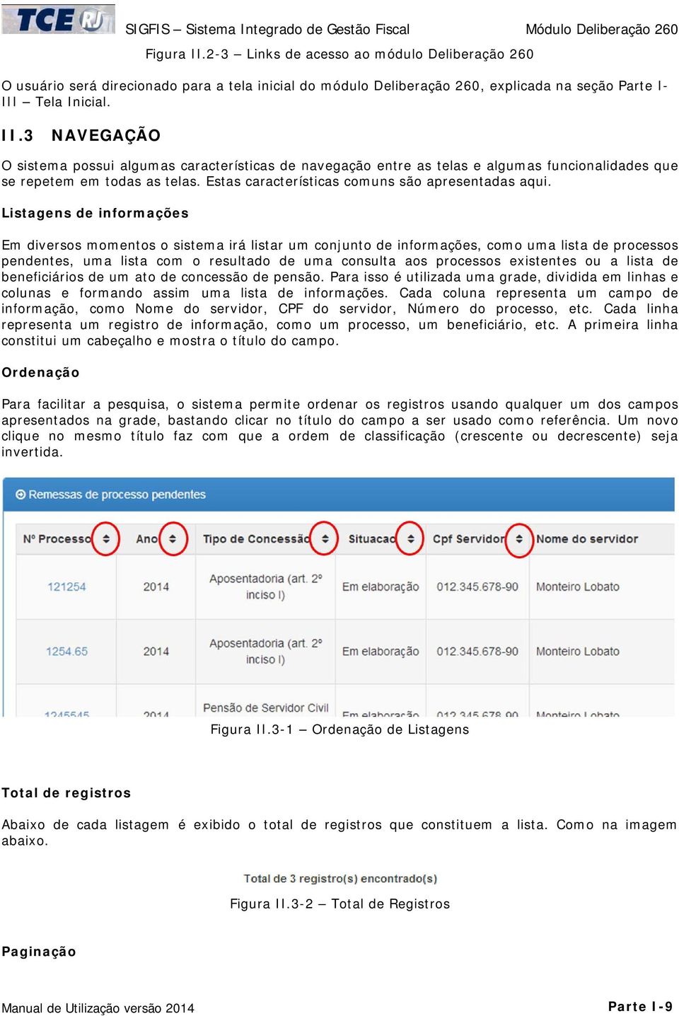 Listagens de informações Em diversos momentos o sistema irá listar um conjunto de informações, como uma lista de processos pendentes, uma lista com o resultado de uma consulta aos processos