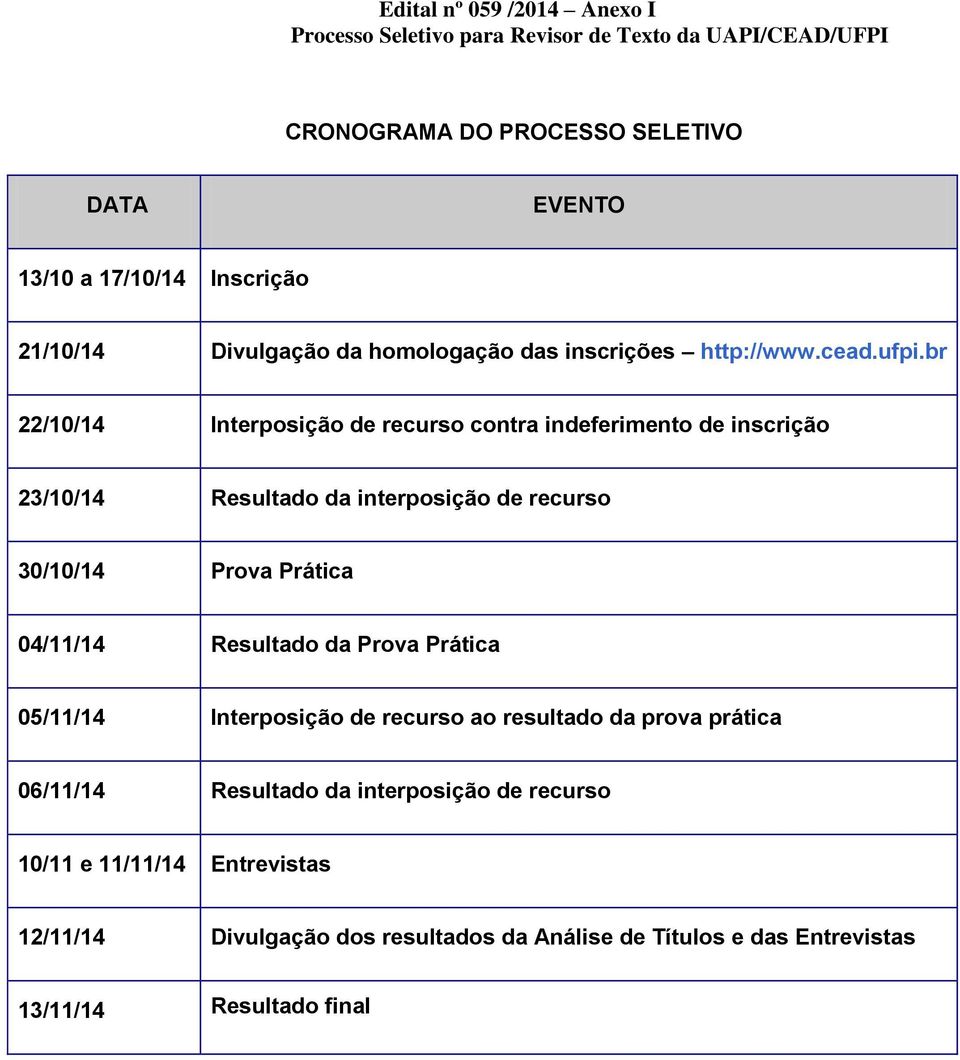 br 22/10/14 Interposição de recurso contra indeferimento de inscrição 23/10/14 Resultado da interposição de recurso 30/10/14 Prova Prática 04/11/14 Resultado