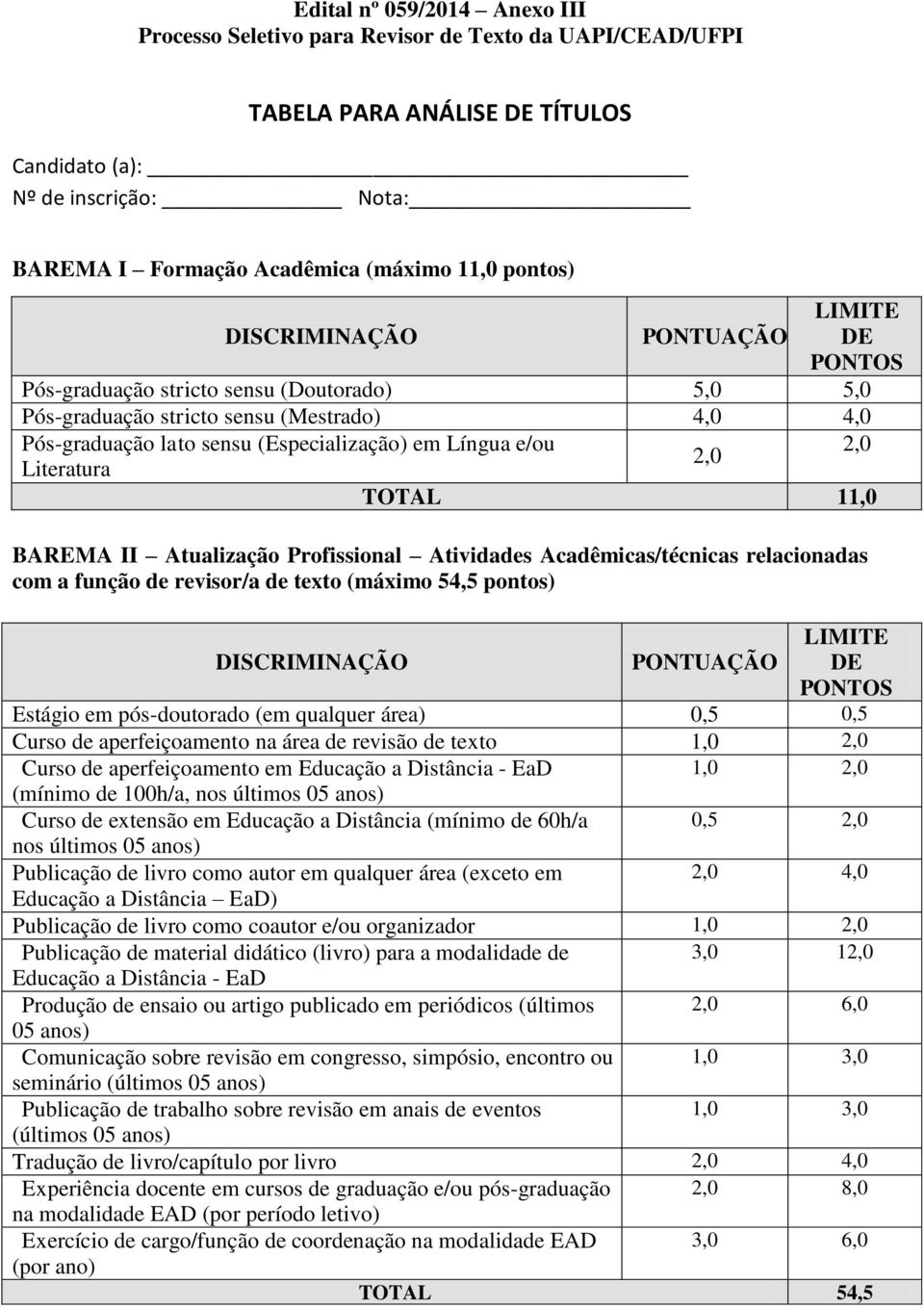 e/ou 2,0 2,0 Literatura TOTAL 11,0 BAREMA II Atualização Profissional Atividades Acadêmicas/técnicas relacionadas com a função de revisor/a de texto (máximo 54,5 pontos) DISCRIMINAÇÃO PONTUAÇÃO