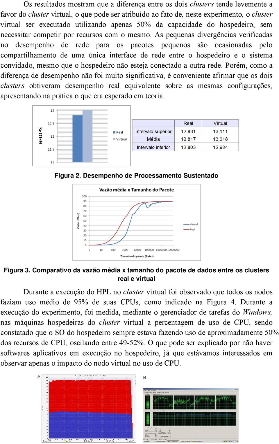 As pequenas divergências verificadas no desempenho de rede para os pacotes pequenos são ocasionadas pelo compartilhamento de uma única interface de rede entre o hospedeiro e o sistema convidado,