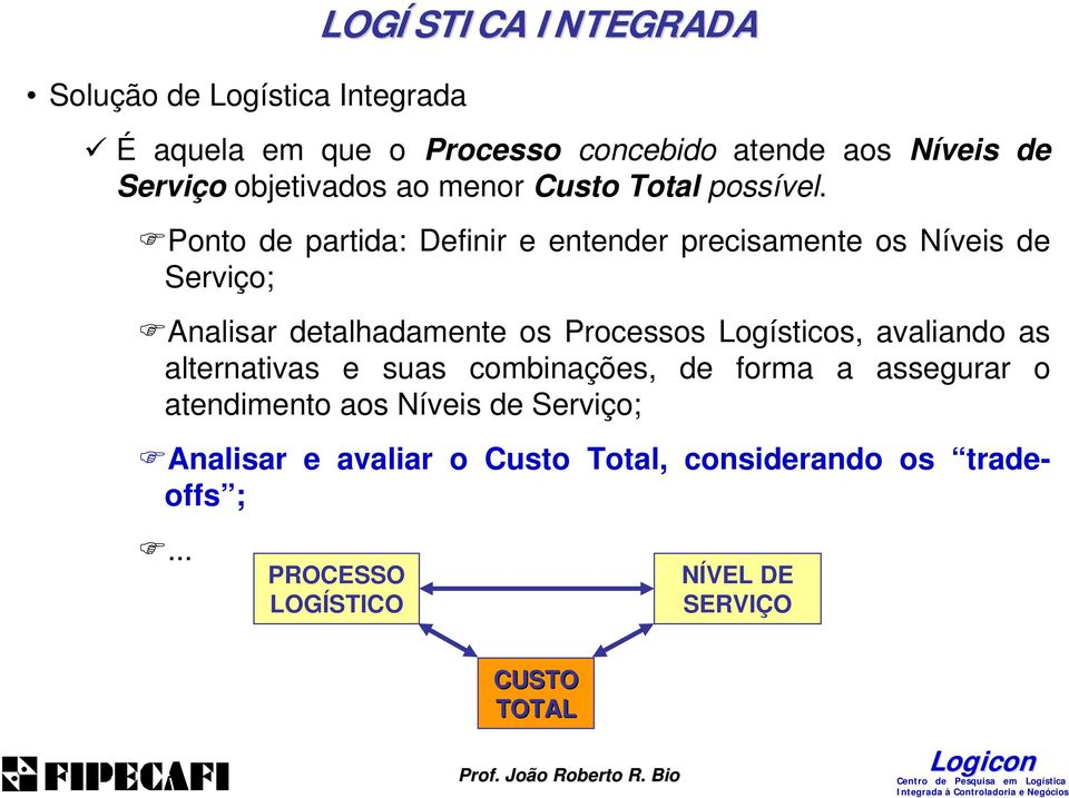 Ponto de partida: Definir e entender precisamente os Níveis de Serviço; Analisar detalhadamente os Processos Logísticos,