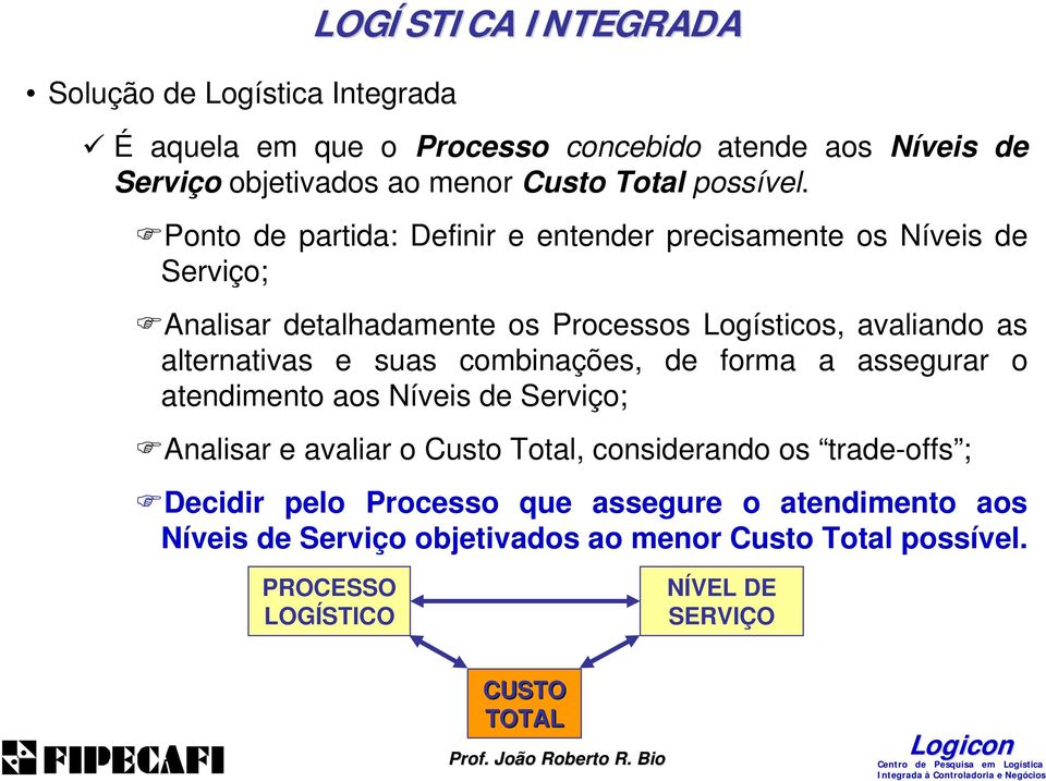 Ponto de partida: Definir e entender precisamente os Níveis de Serviço; Analisar detalhadamente os Processos Logísticos, avaliando as alternativas e