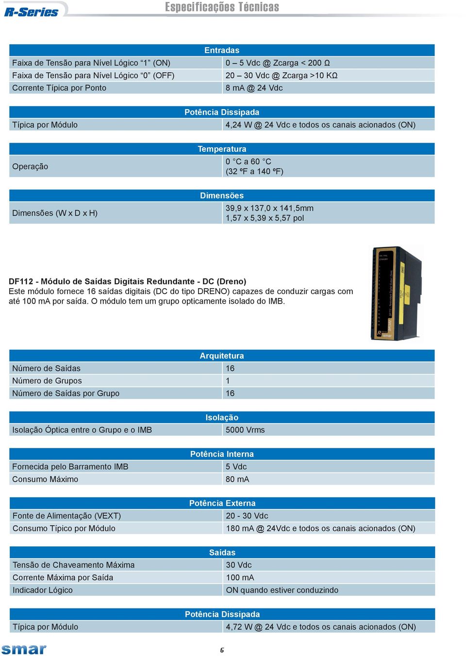 141,5mm 1,57 x 5,39 x 5,57 pol DF112 - Módulo de Saídas Digitais Redundante - DC (Dreno) Este módulo fornece 16 saídas digitais (DC do tipo DRENO) capazes de conduzir cargas com até 100 ma por saída.