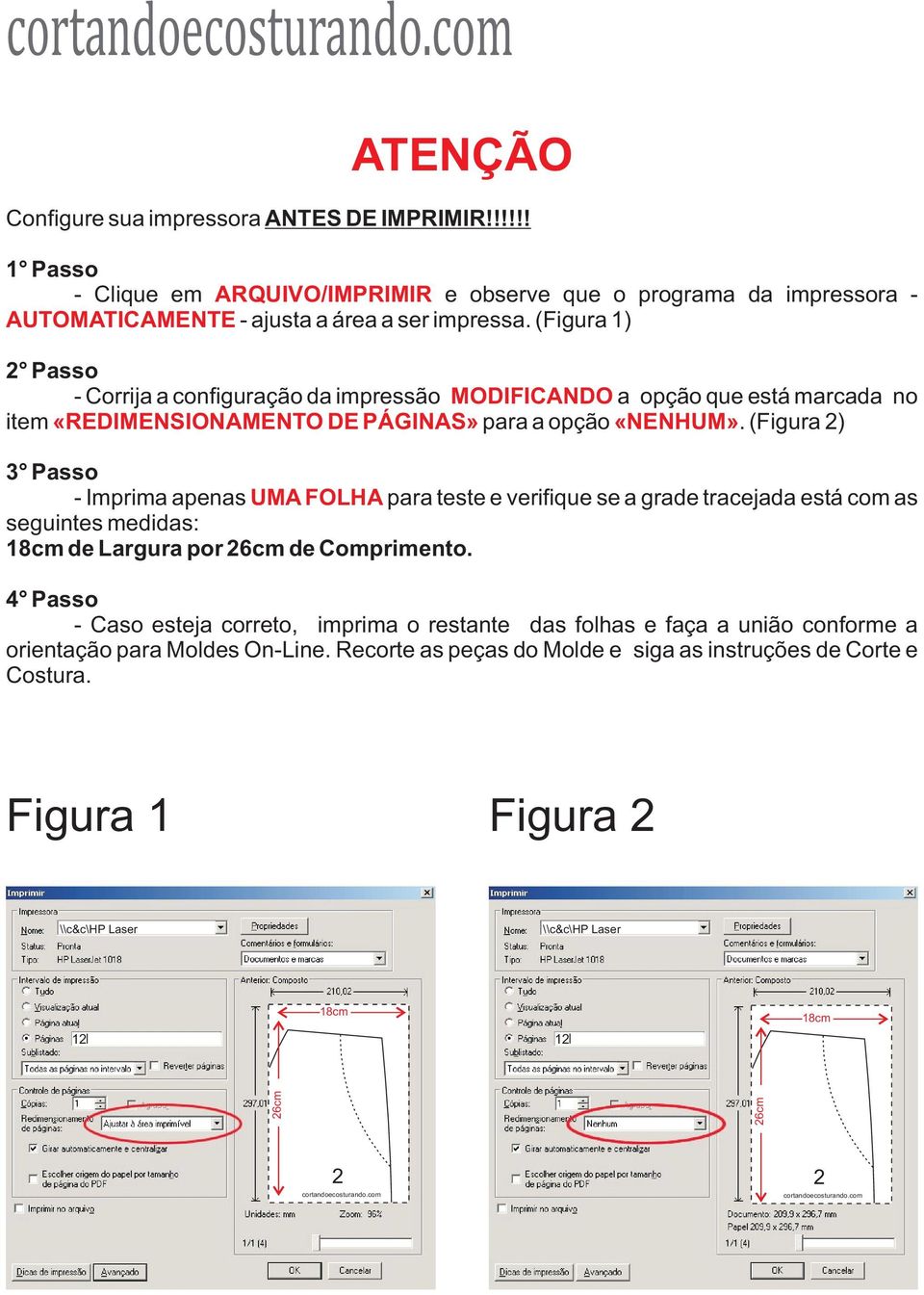 (Figura 2) 3 Passo - Imprima apenas UMA FOLHA para teste e verifique se a grade tracejada está com as seguintes medidas: 18cm de Largura por 26cm de Comprimento.