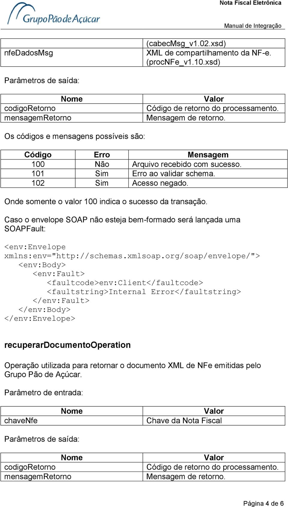 Onde somente o valor 100 indica o sucesso da transação. Caso o envelope SOAP não esteja bem-formado será lançada uma SOAPFault: <env:envelope xmlns:env="http://schemas.xmlsoap.