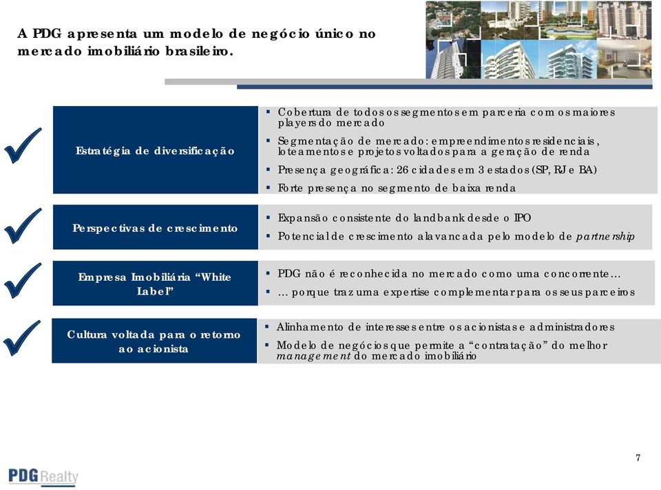 loteamentos e projetos voltados para a geração de renda Presença geográfica: 26 cidades em 3 estados (SP, RJ e BA) Forte presença no segmento de baixa renda Expansão consistente do landbank desde o