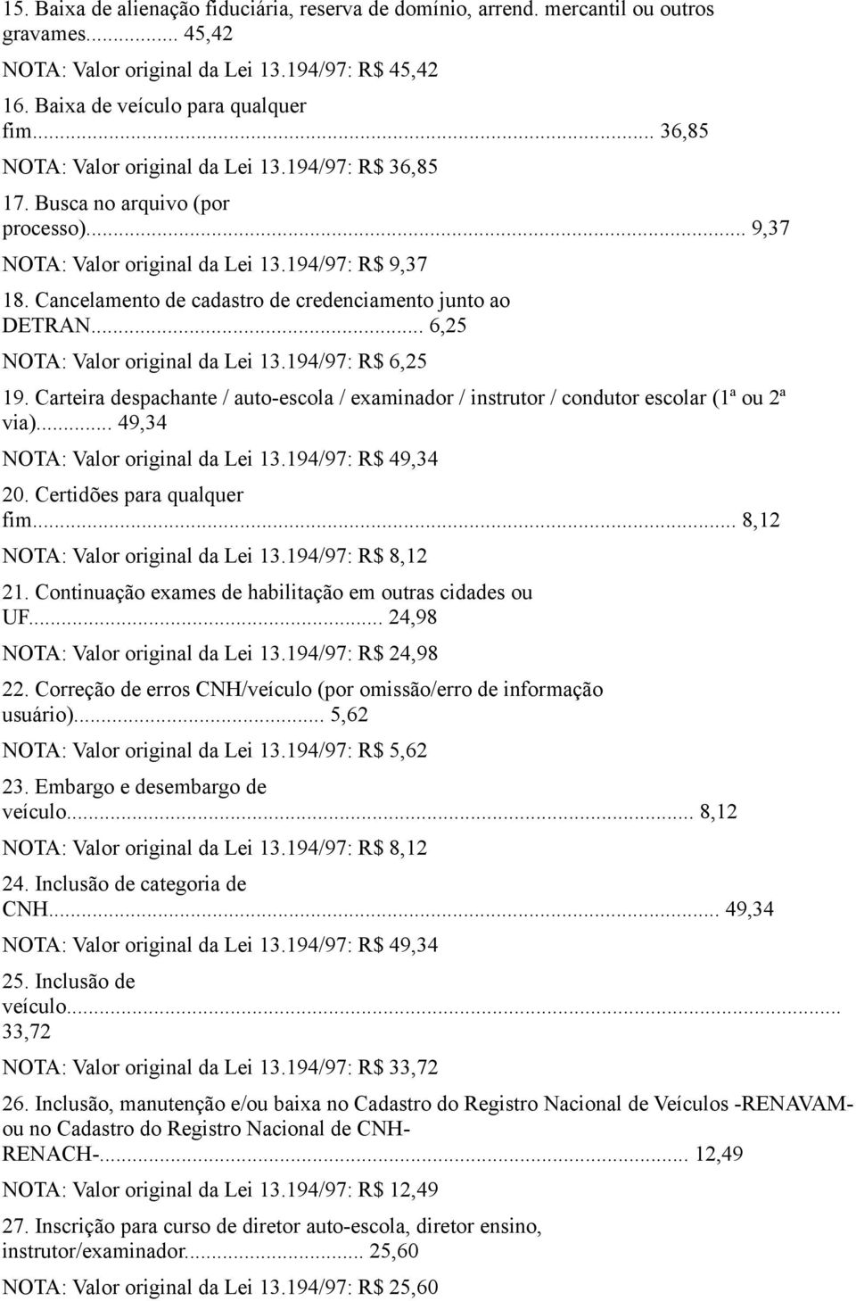 Cancelamento de cadastro de credenciamento junto ao DETRAN... 6,25 NOTA: Valor original da Lei 13.194/97: R$ 6,25 19.
