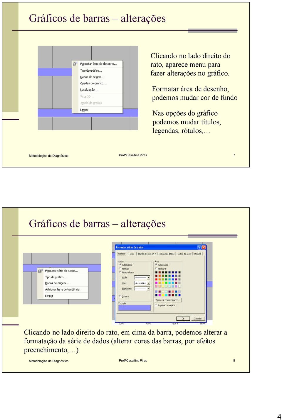 de Diagnóstico Profª Cesaltina Pires 7 Gráficos de barras alterações Clicando no lado direito do rato, em cima da barra, podemos