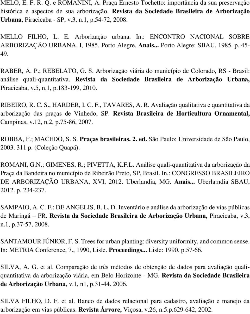 Porto Alegre. Anais... Porto Alegre: SBAU, 1985. p. 45-49. RABER, A. P.; REBELATO, G. S. Arborização viária do município de Colorado, RS - Brasil: análise quali-quantitativa.