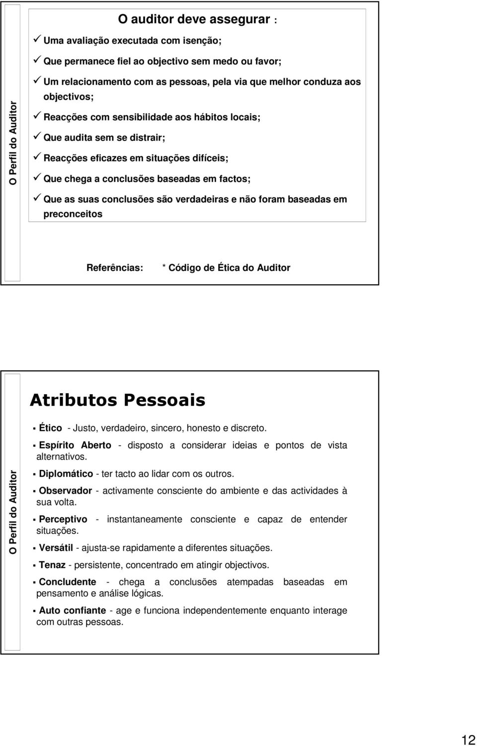 são verdadeiras e não foram baseadas em preconceitos Referências: * Código de Ética do Auditor Atributos Pessoais Ético - Justo, verdadeiro, sincero, honesto e discreto.