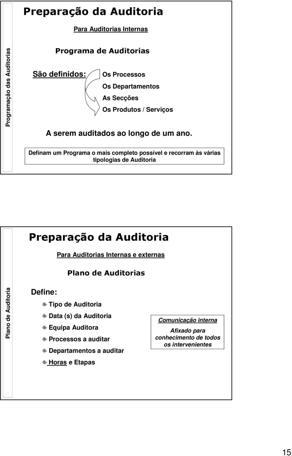 Definam um Programa o mais completo possível e recorram às várias tipologias de Auditoria Preparação da Auditoria Para Auditorias Internas e externas