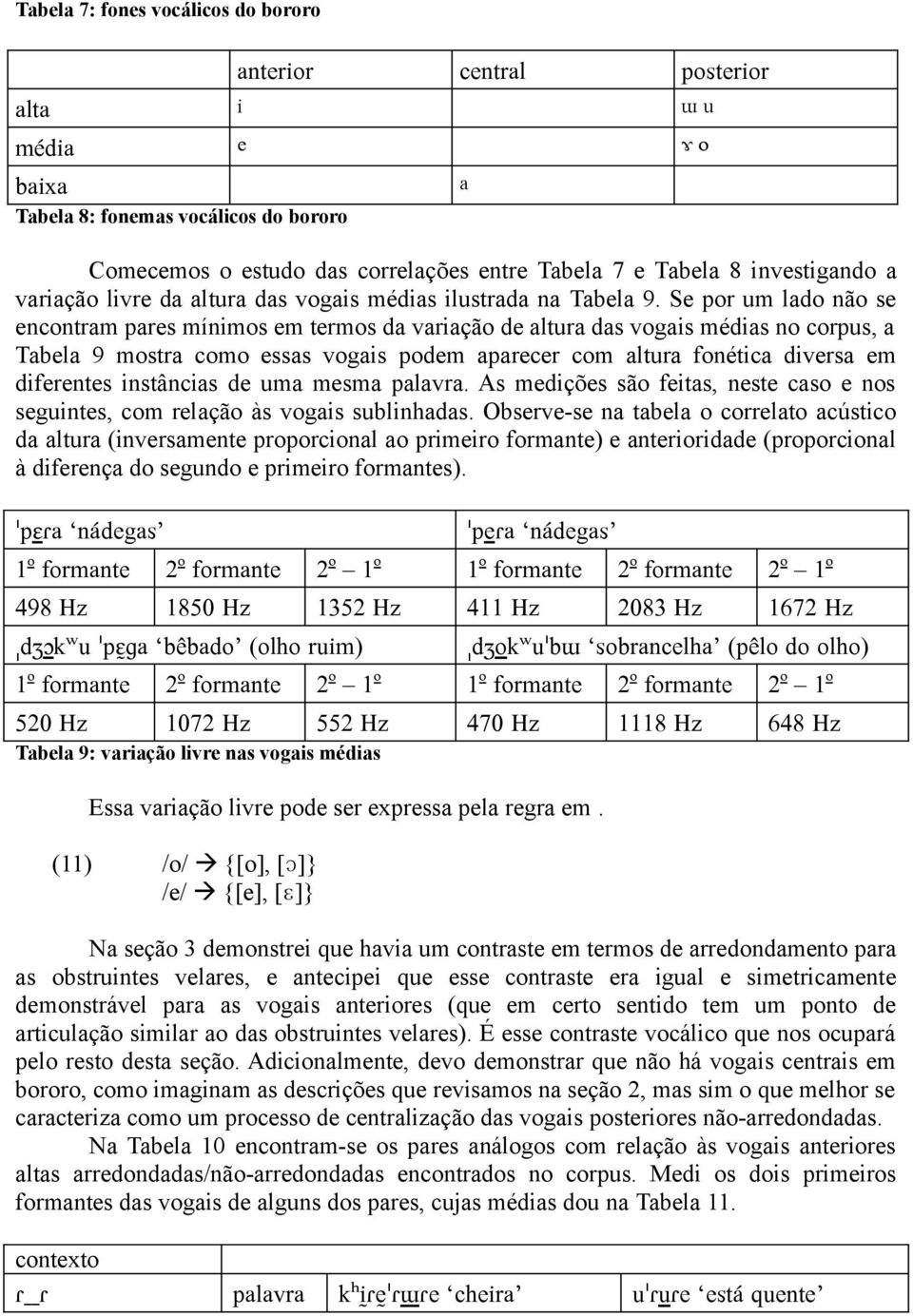 Se por um lado não se encontram pares mínimos em termos da variação de altura das vogais médias no corpus, a Tabela 9 mostra como essas vogais podem aparecer com altura fonética diversa em diferentes