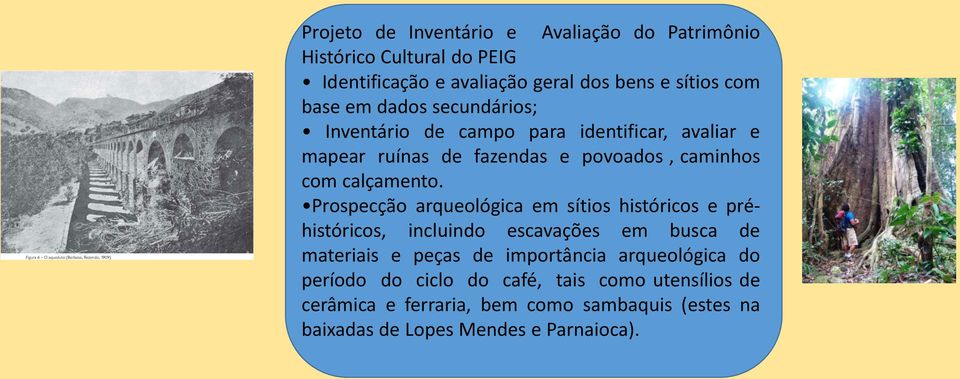 Prospecção arqueológica em sítios históricos e préhistóricos, incluindo escavações em busca de materiais e peças de importância