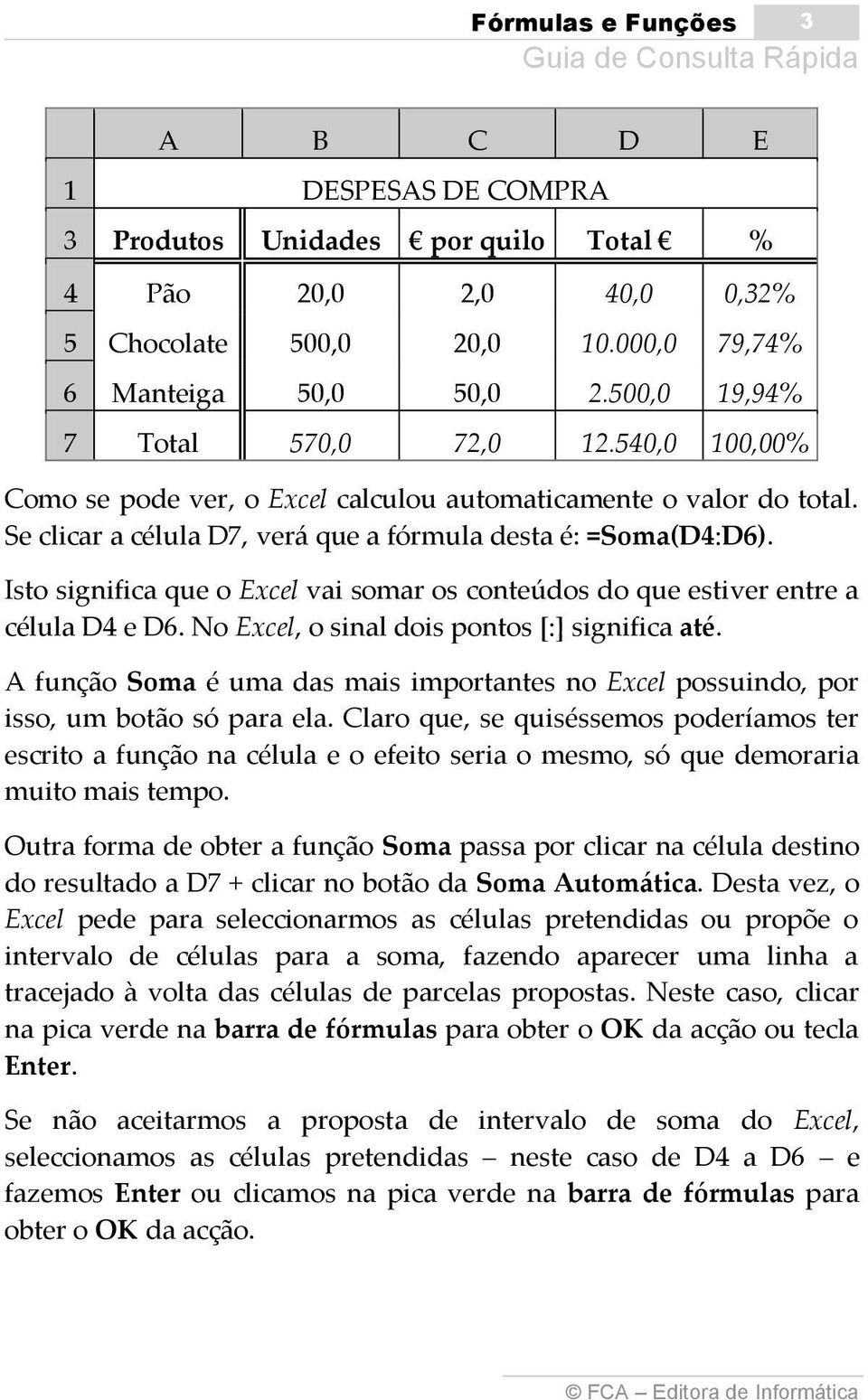 Isto significa que o Excel vai somar os conteúdos do que estiver entre a célula D4 e D6. No Excel, o sinal dois pontos [:] significa até.