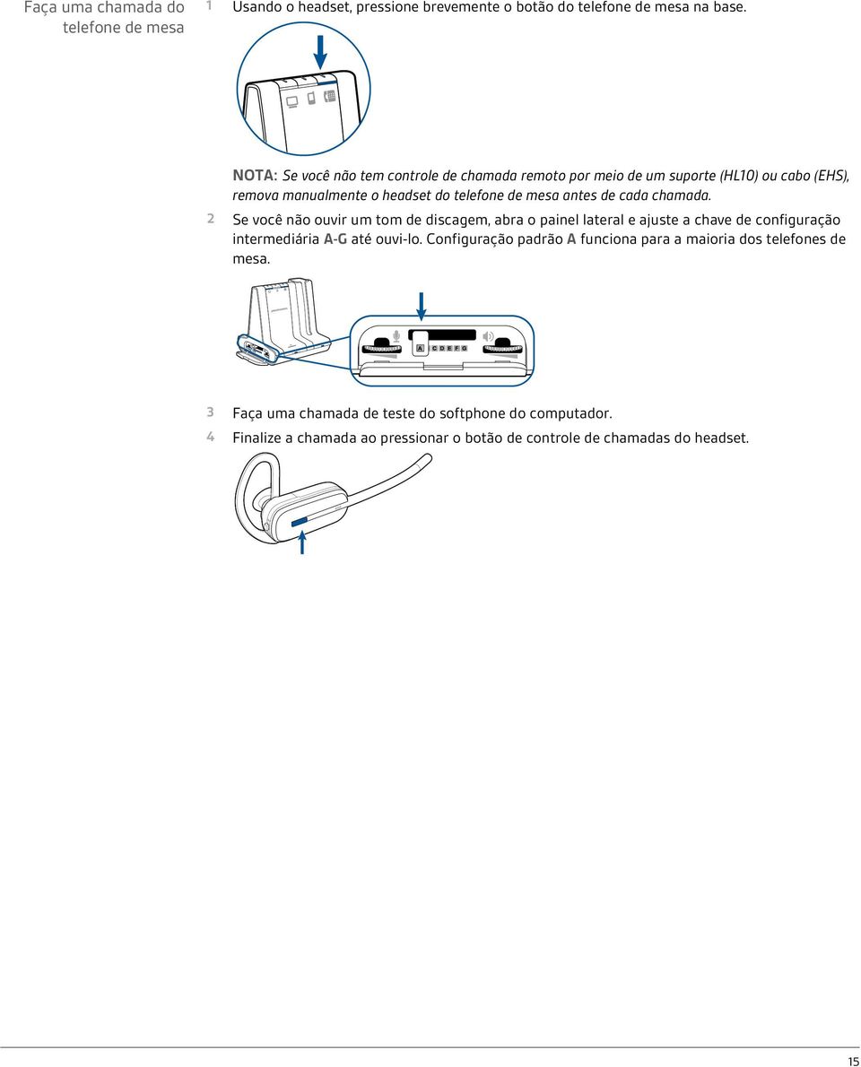 cada chamada. 2 Se você não ouvir um tom de discagem, abra o painel lateral e ajuste a chave de configuração intermediária A-G até ouvi-lo.