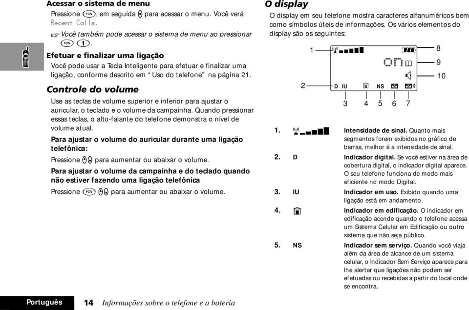 Controle do volume Use as teclas de volume superior e inferior para ajustar o auricular, o teclado e o volume da campainha.