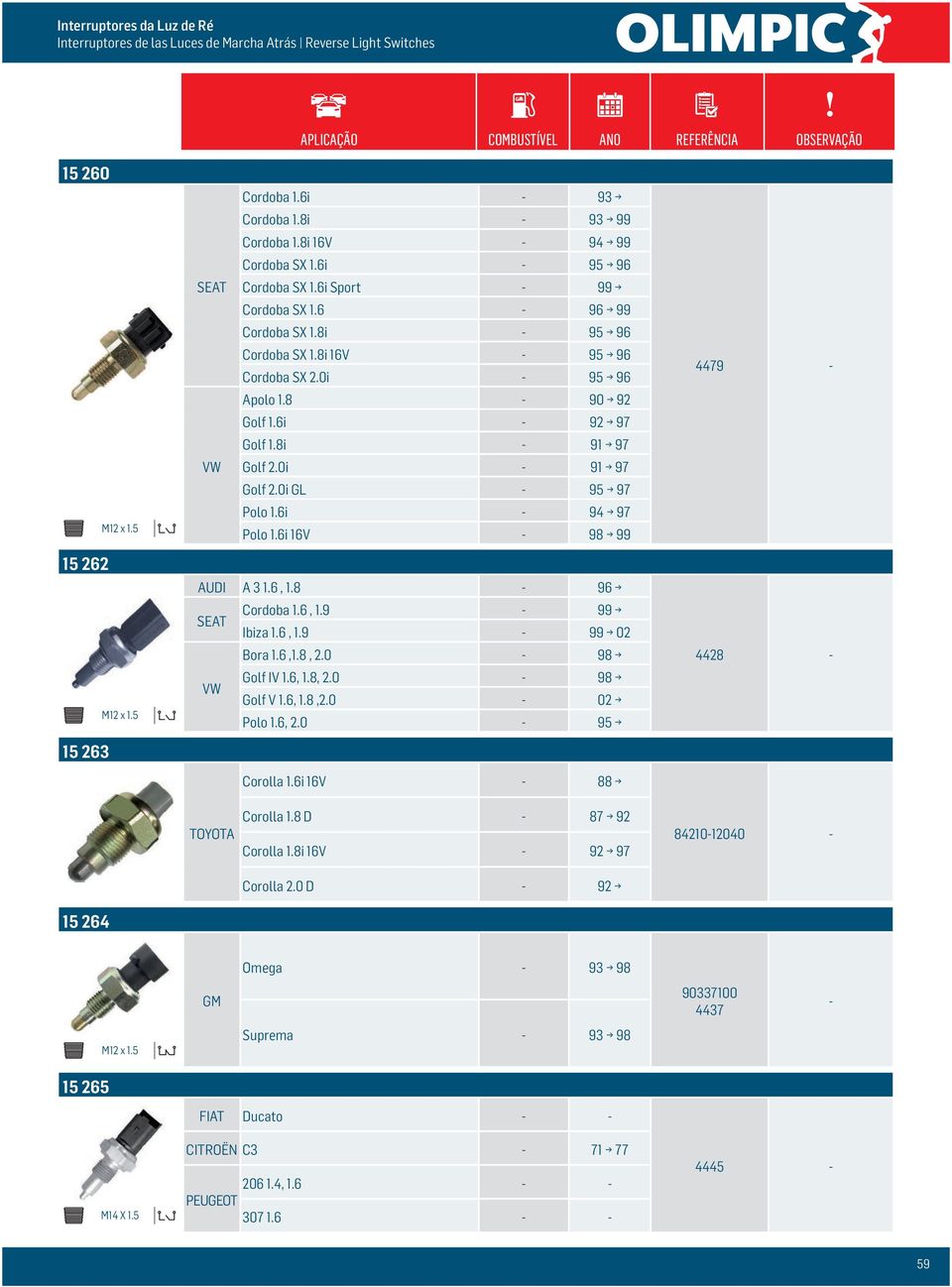 6i 16V 98 99 AUDI A 3 1.6, 1.8 96 SEAT Cordoba 1.6, 1.9 99 Ibiza 1.6, 1.9 99 02 Bora 1.6,1.8, 2.0 98 Golf IV 1.6, 1.8, 2.0 98 Golf V 1.6, 1.8,2.0 02 Polo 1.6, 2.0 95 Corolla 1.